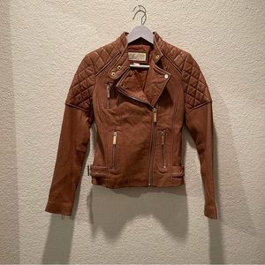Michael Kors women cognac colored  100% leather quilting detail moto jacket, XS